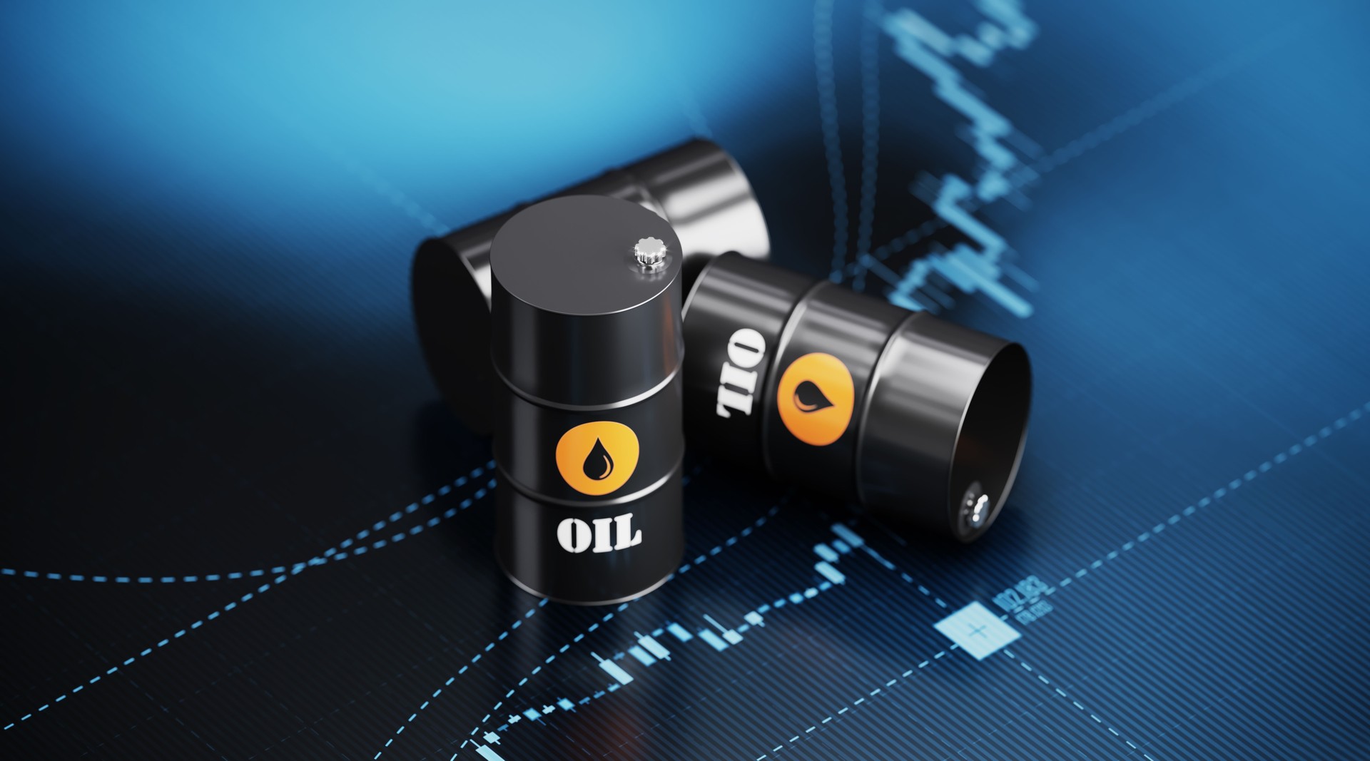 Oil Drums Sitting over Blue Financial Graph Background - Stock Market and Finance Concept