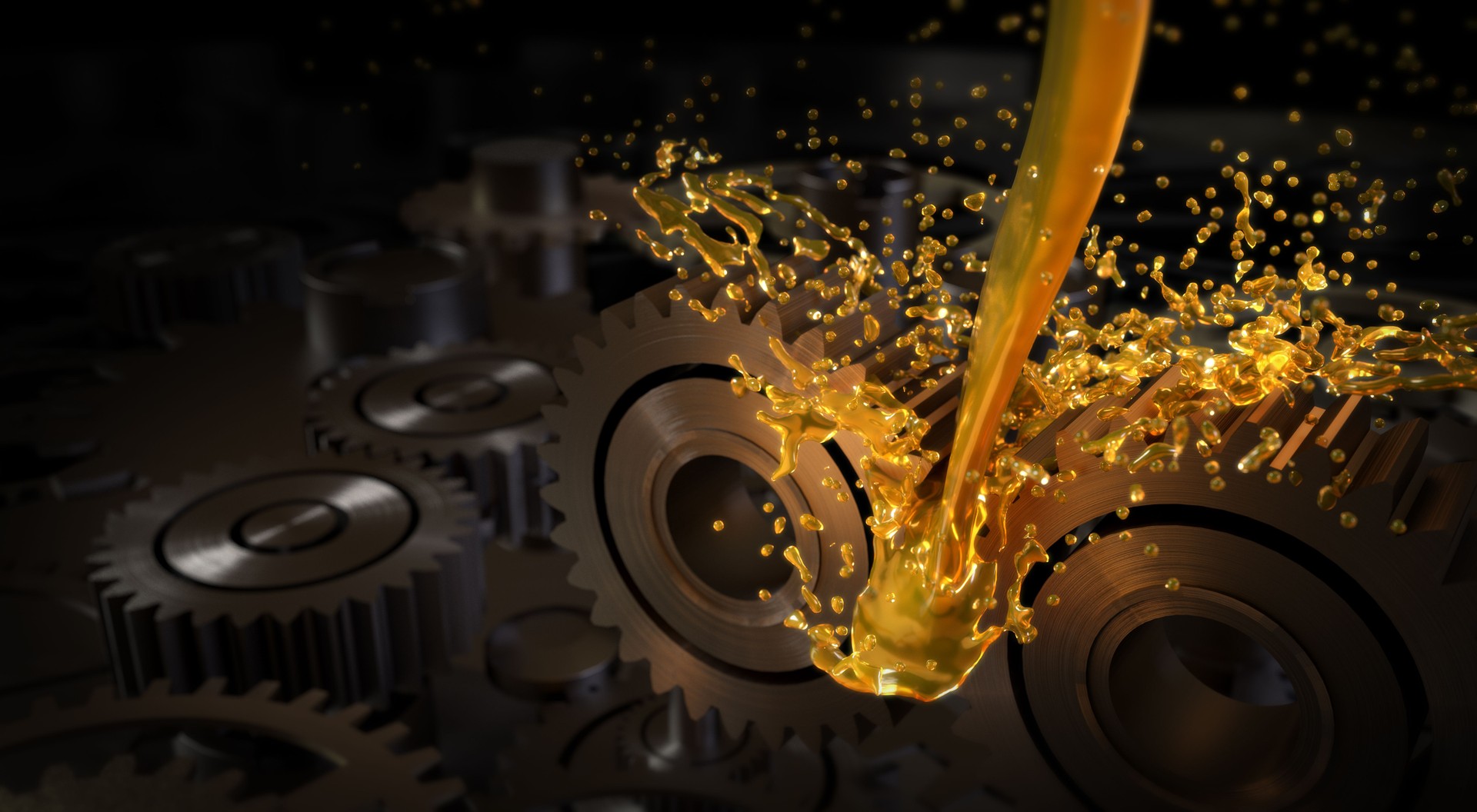 Close up of Oil wave splashing on gears, Concept of Lubricate motor oil and Gears, 3D rendering